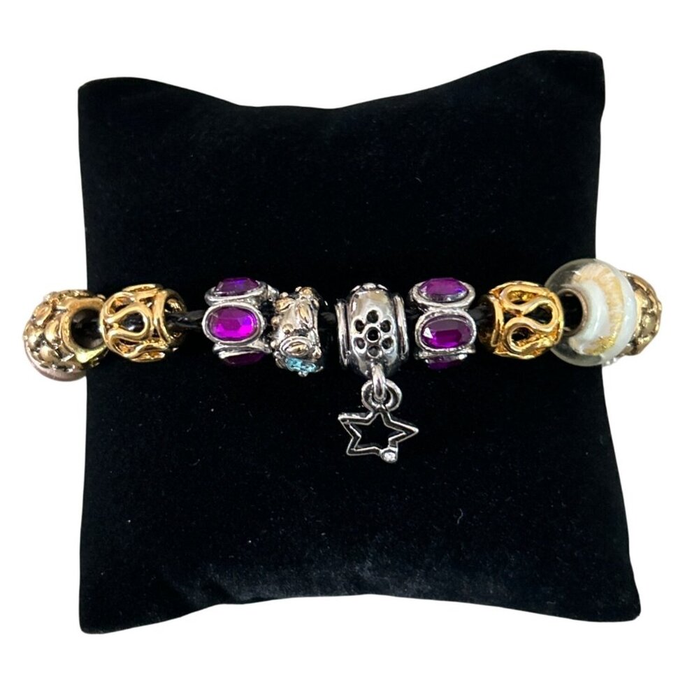 Pandora 925 Black Leather Charm Bracelet With Mixed Beads Glass & Stud Accents